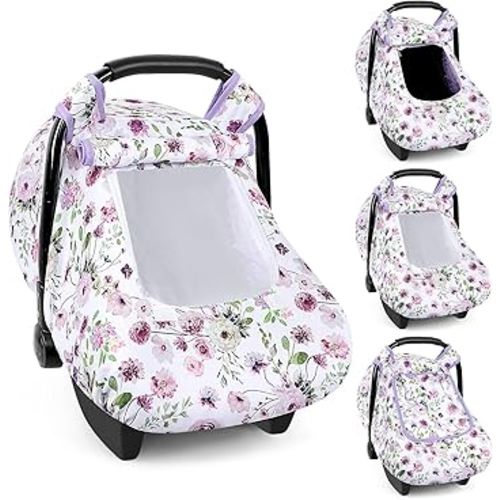 Baby Car Seat Cover Winter, Windproof Carseat Covers for Newborn with 2 Layers Window, Purple Flowers Infant Car Seat Canopy for Boys and Girls with Minky Dot Backing, Keeps Babies Warm and Cozy