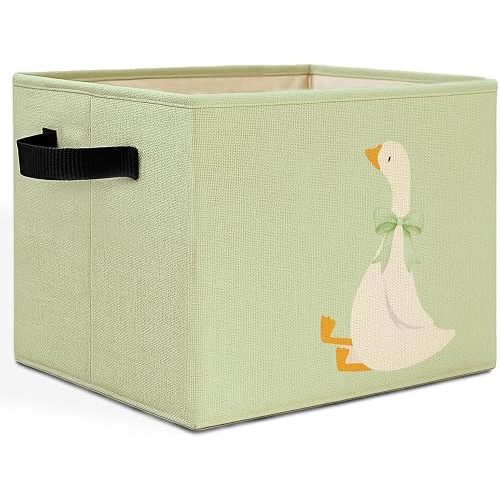Sage Green Goose Coquette Storage Bins Box with Handles, Preppy Girly Bow Goose Laundry Basket Hamper Collapsible Clothes Toys Organizer for Baby Girl Nursery Bedroom Bathroom