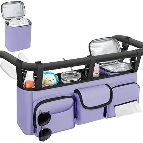 GDNasist Double Stroller Organizer Compatible with Bob Duallie and Baby Jogger City Mini GT2, Double Baby Stroller Accessories with Cooler Bag, Parent Console Double Jogging Stroller Caddy, Purple