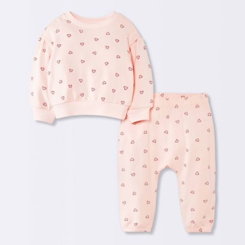 Baby Girls' 2pc Christmas Holiday Candy Cane Heart Fleece Sweatshirt and Jogger Pants Set - Cloud Island™ Pink 3-6M
