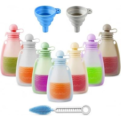 PandaEar Reusable Silicone Baby Food Pouches, 7 Pack Squeeze Pouches for Toddler Kids, BPA-Free Silicone Refillable Baby Food Storage, 5 oz /150 ml