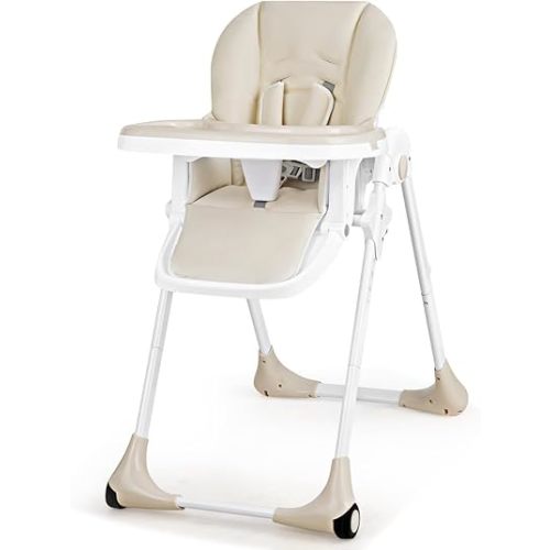 KOTEK Chaise haute pliable pour bébé avec hauteur de siège réglable sur 7 positions, dossier réglable, repose-pieds et plateau, chaise de salle à manger portable pour bébé avec coussin amovible en