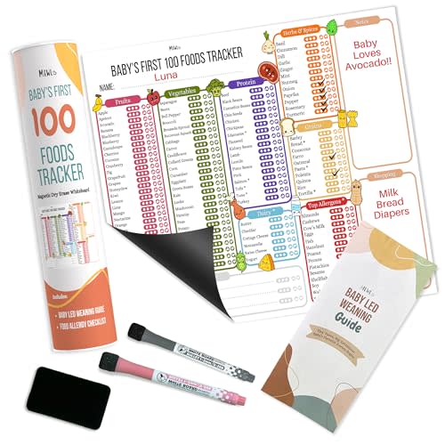 Baby First Foods Tracker & Baby Led Weaning Book Mini Guide by Mewl - 100 Foods Before 1 Checklist Reusable Dry Erase Board - Baby Feeding Essentials: Puree & BLW Supplies for Baby Magnet Board