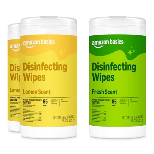 Amazon Basics Disinfecting Wipes, Lemon & Fresh Scent, Sanitizes, Cleans, Disinfects & Deodorizes, 255 Count (3 Packs of 85), Packaging May Vary