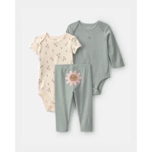 Baby Girl 3-Piece Floral Bodysuit & Pant Set - Green/Ivory | Carter's