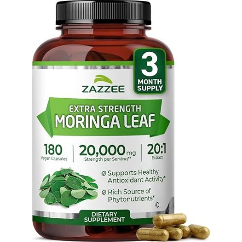 Zazzee USDA Organic Moringa Oleifera Leaf Extract 20:1, 20,000 mg Equivalent, 180 Vegan Capsules, Certified Kosher, High Potency Superfood Supplement, Antioxidant & Cellular Support, Made in The USA