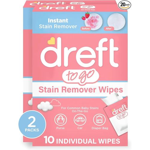 Dreft Stain Remover Wipes for Baby Clothes – Travel Size Stain Remover, Individually Wrapped for On-the-Go Use – Mild on Skin & Safe for Baby Clothes – 20 Count