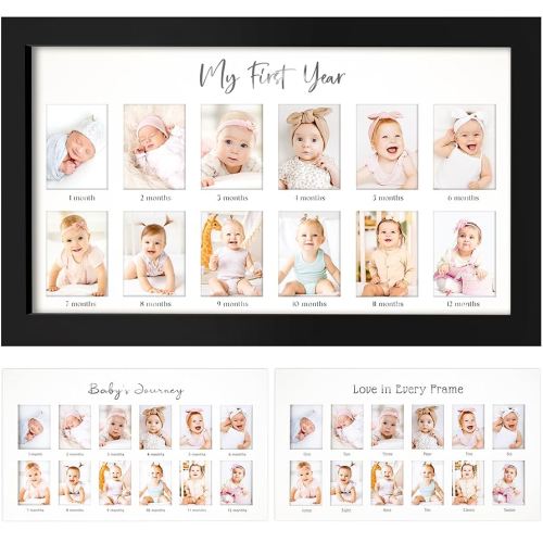 My First Year Photo Frame,12 Months Baby Picture Frame for Newborn Girl, Boy-Baby Shower Gifts Keepsakes,Monthly Baby's One Year Birthday Milestone,1st Nursery Photo Collage Display Board (Onyx Black)