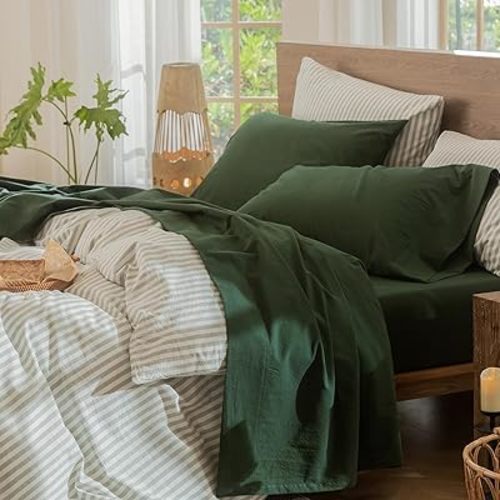 MooMee Bedding Sheet Set 100% Washed Cotton Linen Like Textured Breathable Durable Soft Comfy (Solid Forest Green, Full)