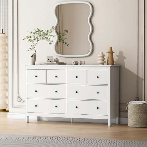 Linor 8 Drawer Dresser, 55" Modern White Dressers, Chest of Drawers, Wooden Wide Dresser for Bedroom, Living Room, White