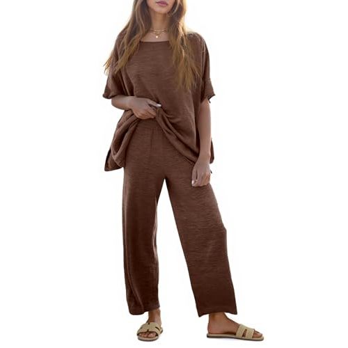 Tankaneo Women's 2 Piece Travel Outfits Casual Short Sleeve Knit Sweater Set Wide Leg Pants Lounge Sets Tracksuit