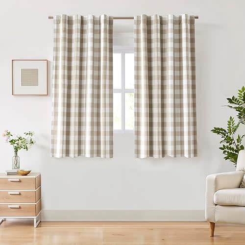 Beige White Buffalo Plaid Full Blackout Bedroom Curtains 72 Inches Long,Rustic Gingham Drapes with Room Darkening Liner,Thermal Insulated Window Treatment,Rod Pocket Back Tabs,40" Wx72 Lx2