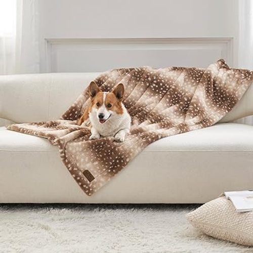 Waterproof Pet Blanket, Christmas Faux Fur Deer Print Blanket, Woman Sofa Bed Couch Throw, Liquid Pee Proof for Large Dog or Cat, Reversible, Washable, Ultra Soft, 40x60 inch, Brown