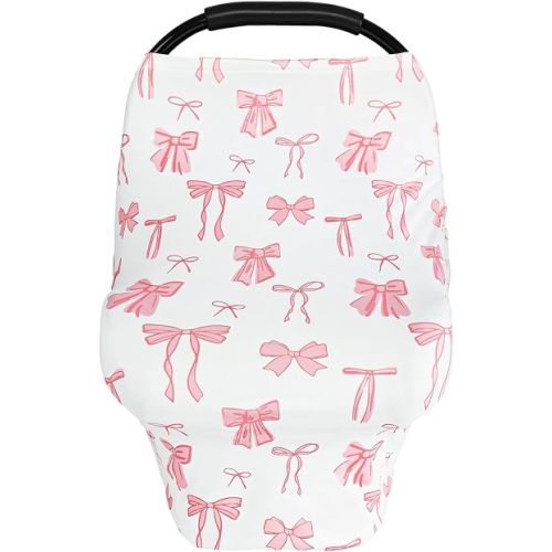 TANOFAR Car Seat Cover for Baby, Multi-Use Cover Carseat Canopy, High Stretchy & Breathable Infant Carseat Cover, Shower Gifts for Unisex Boys and Girls (Pink Bow)