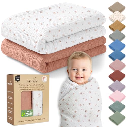 100% Organic Cotton 2 PK Muslin Swaddle Blanket Boy Gift 47x47 in | Oeko-TEX Certified, Swaddling Blanket, Cotton Swaddle Blankets, Muslim Blanket Baby, Cinnamon & Wildflower, For Baby Boys