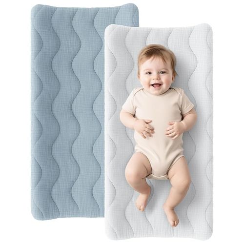 Konssy Waterproof Muslin Changing Pad Cover 2 Pack, 100% Cotton Quilted Diaper Changing Table Sheets, Soft Breathable Boho Nursery Bedding for Baby, Silent & Absorbent Standard Fit (Blue,Grey)