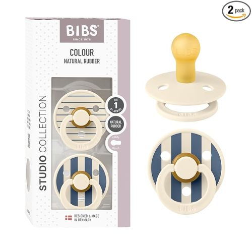 BIBS Pacifiers - Studio 2 Pack | Round Nipple Baby Pacifier | BPA Free Natural Rubber Latex Soother | Made in Denmark | Size 0+ Months | Pin Ivory Steel Blue