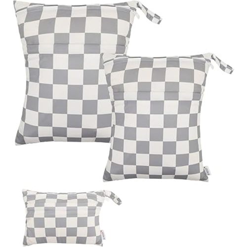 ALVABABY 3 Pack Wet Dry Bags for Cloth Diapers, Swimsuits & Gym Clothes, Waterproof Reusable Baby Diaper Bag with 2-Zippered Compartments, Hanging Strap, Machine Washable, Small/Medium/Large for Dayca