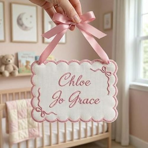 Embroidered Baby Announcement Sign, Personalized Name Newborn Sign for Hospital, Welcome Baby Announcements Ideas, Newborn Photography Props, Custom Infant Initial Name, Baby Shower Gifts (Bow)