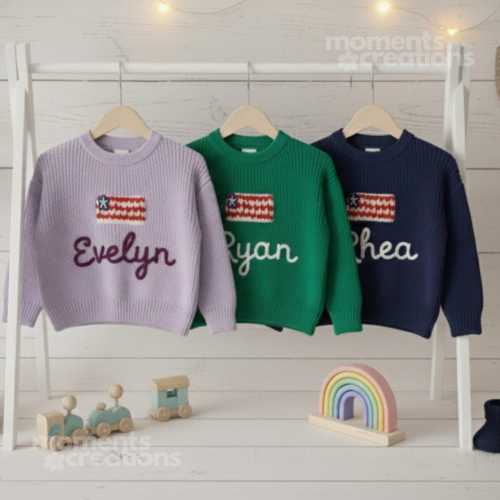 Custom Hand Embroidered USA Flag Baby Sweater Name: Personalized Knit Pullover July 4th Keepsake