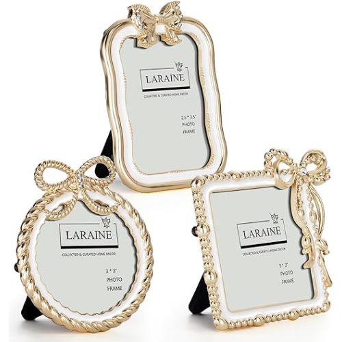 LARAINE Picture Photo Frame Ribbon Bow 3 inch Metal High Definition Glass Display Pictures for Tabletop Home Decorative Holiday Gift (Antique, White, 3-piece set)