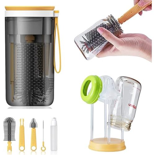 Travel Baby Bottle Drying Rack with Bottle Cleaning Brush Set and Bottle Dryer,Baby Bottle Brush,Nipple Brush and Straw Brush for Baby Bottle Cleaning,Yellow