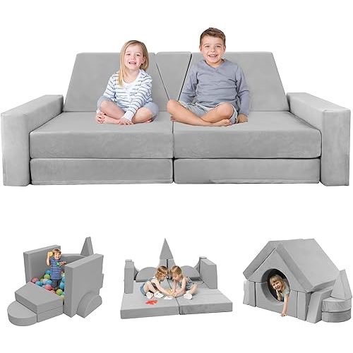 YEFU 15pcs Modular Kids Play Couch, Kids Couch for Toddler & Children, Toddler Couch, Kids Couch Fort Building kit for Playroom Furniture, Kids Play Couch, Convertible Sofa for Boys & Girls, Grey