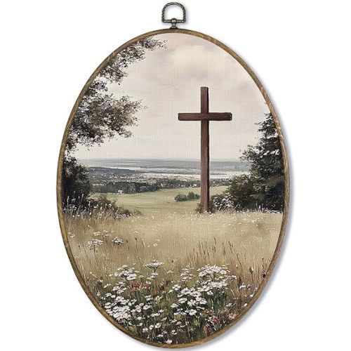 Fewgb Christian Cross Wildflower Oval Wall Art Decor Framed, Vintage Easter Religious Cottagecore Canvas Wall Art Prints Picture, Rustic Country Jesus Hanging Room Decor Artwork for Bedroom 9x12