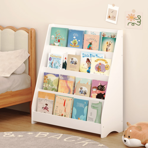 iRerts Kids Bookshelf, Wood 4 Tier Kids Bookcase Sling Book Rack Book Display Shelves, Playroom Book Storage for Kids Boys Girls, Baby Toddler Bookshelf for Kids Room, Reading Room, Nursery, White