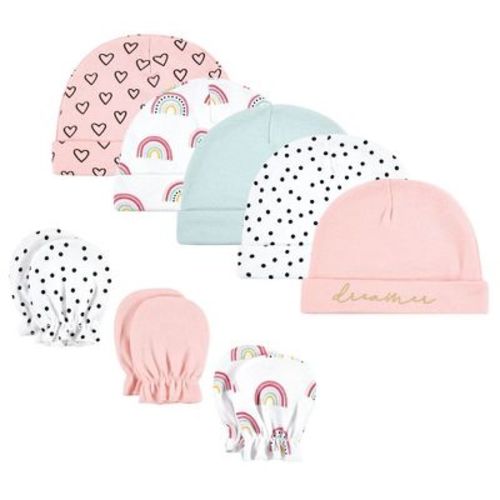Hudson Baby Infant Girls Cotton Cap and Scratch Mitten Set, Modern Rainbow, 0-6 Months