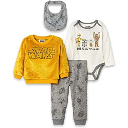 STAR WARS Boys Infant One Piece Bodysuit Long Sleeve Sweatshirt Jogging Pants and Bibs - 4 Piece Cozy Set