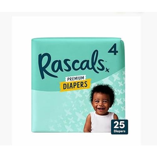 Rascals Premium Disposable Baby Diapers Size 4 (25 Count), Absorbent Core, Up to 12 Hours Leak Protection, Gentle on Skin, Secure Fit, Soft Comfort