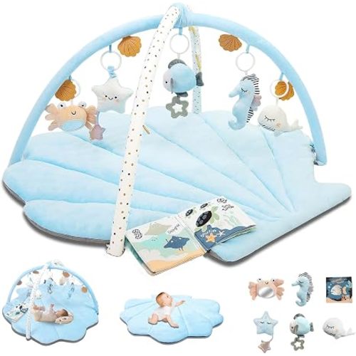 Baby Play Gym Mat, Oversize Tummy Time Activity Mat for Babies 0-6 Months, Shells Baby Play Mat with 6 Detachable Toys, Baby Essentials Mat for Floor Sensory Exploration Motor Skill Development (Blue)