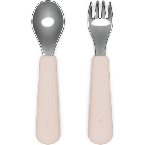 Lalo Utensils - Toddler Fork and Spoon Set - Stainless Steel and Silicone Ergonomic Toddler Utensils - Children Safe Flatware Set - 2 Pieces - Grapefruit