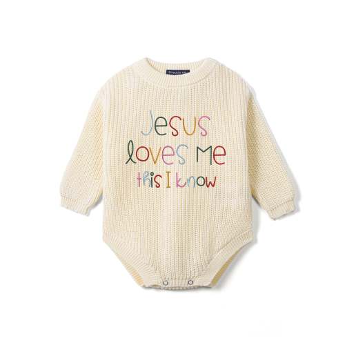 SWaddle AN Jesus Loves Me This I Know Embroidered Knit Baby Romper - Baby Knit Romper / Sage Green / 9-12M