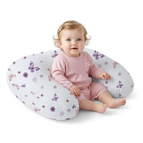 Little Grape Land Muslin Nursing Pillow, Soft 100% Cotton Breastfeeding Pillow with Breathable Removable Cover, Purple Butterfly Breast Feeding Pillows for Babies 0-12 Months with Protective Zipper