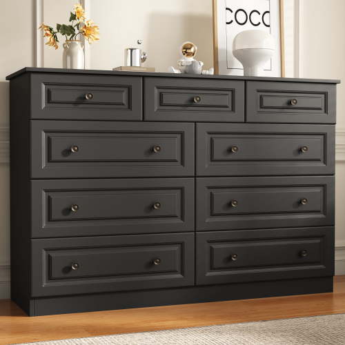 Black 9-Drawer Dresser, 50.39" Wide 37.40" Tall Dresser with Anti-Tip Hardware, Retro Handles, Easy Assembly, Chest of Drawers for Bedroom, Wood Storage Cabinet for Living Room