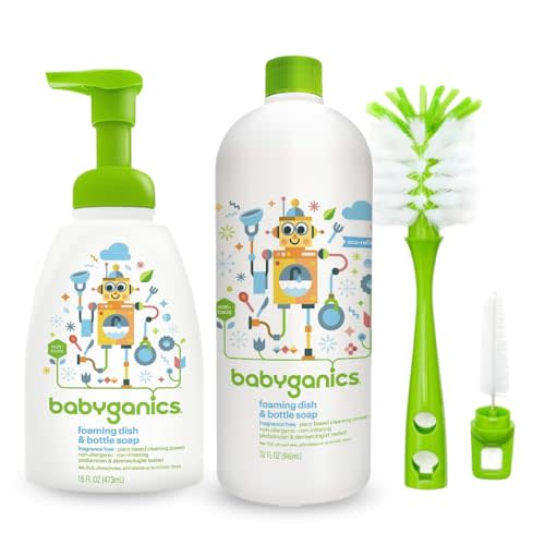 LuxProdX Baby ganics 16 Ounce Dish Dazzler Foaming Dish and Bottle Soap with Refill Kit BUNDLED with Two (2) Bottle Brushes BONUS