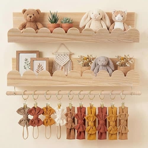 Qunclay 2 Pcs Nursery Floating Shelves Headband and Bow Holder with Rod Wall Mounted Wood Shelves Nursery Decor for Wall Home Organization Kitchen Living Room Bathroom Storage Decor