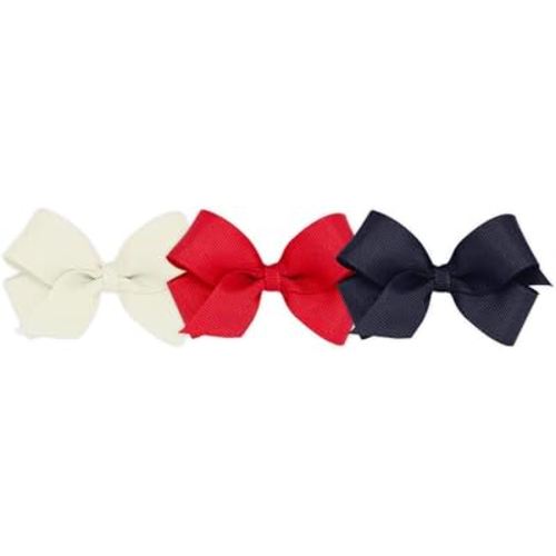 Wee Ones Girls' 3 pc Set Solid Grosgrain Variety Pack on a WeeStay No-Slip Hair Clip, Mini, Antique White, Red, and Navy