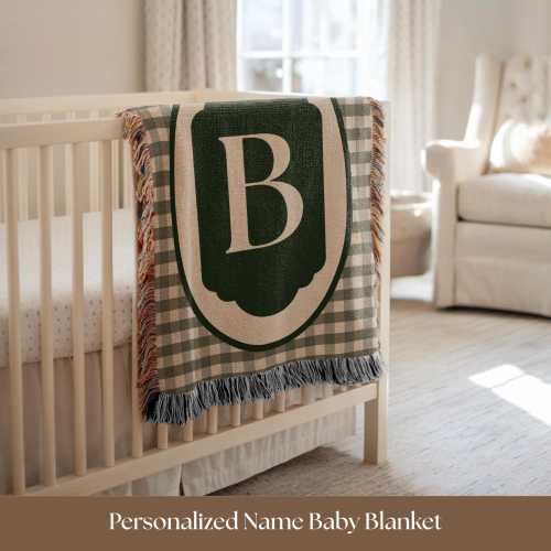 Personalized Monogram Baby Blanket Custom Initial Woven Nursery Throw • Dark Green Gingham Newborn Gift • Vintage Golf Nursery Decor Golfer
