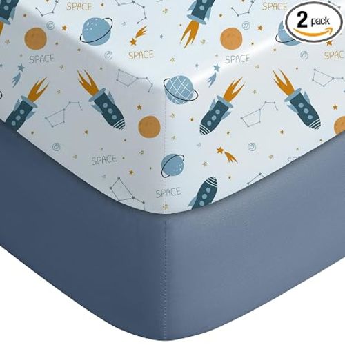 Yoofoss Baby Crib Sheets for Boys Girls, Fitted Crib Sheet 2 Pack for Standard Crib and Toddler Mattress, Super Soft Microfiber Baby Sheet 28x52x8in(Blue Rocket)