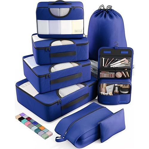 Veken 8 Set Packing Cubes for Travel Essentials, Suitcase Organizer Bags in 4 Sizes, Carry-On Luggage Accessories with Large Laundry & Hanging Toiletry Bag, Must-Have for Airplane, Road Trip & Camping