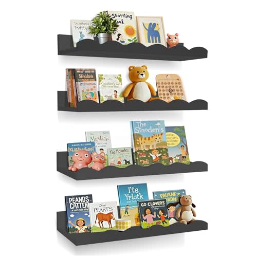 Bxngjuj Nursery Book Shelves, 4 Pack Black Floating Shelves for Wall, Wood Scalloped Shelves for Storage Books, Wall Book Shelf for Kids Rooms, Bedroom, Toddler Room, Baby Room, Nursery Decor