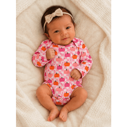 Long Sleeve Bodysuit, Pumpkin Checkerboard Pink