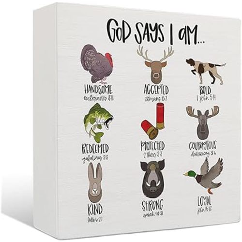 God Says I Am Sign - Hunting Decor for Boys Room, Christian Bible Verse Decor, 5 X 5 Inches Wooden Box Signs