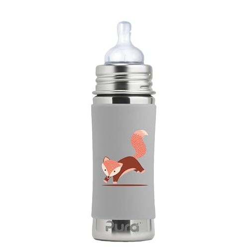 Pura Kiki 9oz/275ml Stainless Steel Infant Bottle w/Sleeve, Anti-Colic, 100% Plastic-Free, MadeSafe Certified, Medical-Grade Silicone, Medium-Flow Nipple, for Babies 3 Months & Up - (Fox)