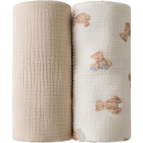 Muslin Swaddle Blankets for Newborn -100% Cotton Soft Receiving Blankets - 2 Pack Teddy Bear Print Nursery Gift for Baby Girls(Teddy Bears -C)