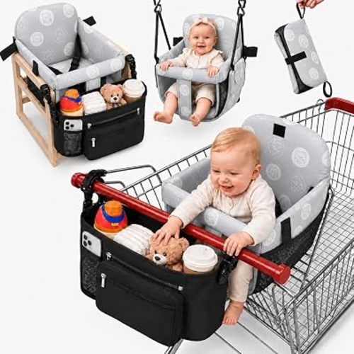 2-in-1 Shopping Cart Cover for Baby with Stroller Caddy, High Chair & Grocery Cart Cover for Baby, Padded Seat Protector with Organizer Bag, Washable Cart Liner for Restaurants, Swing Insert & Travel