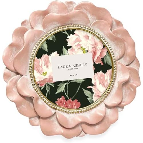 Laura Ashley 4x4 Pink with Gold Round Resin Ornate Flower Design Picture Frame with Beaded Border, for Tabletop and Wall Display, Floral Home Décor (Pink with Gold)